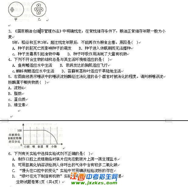 2014年南昌市中考生物试题及答案